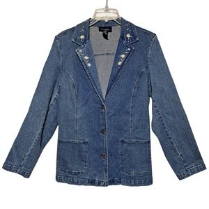 Denim & Co Womens Blue Embroidered‎ Floral Denim Blazer Jacket Large Cottagecore